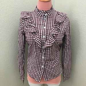 Plaid burgundy and white drill western blouse
